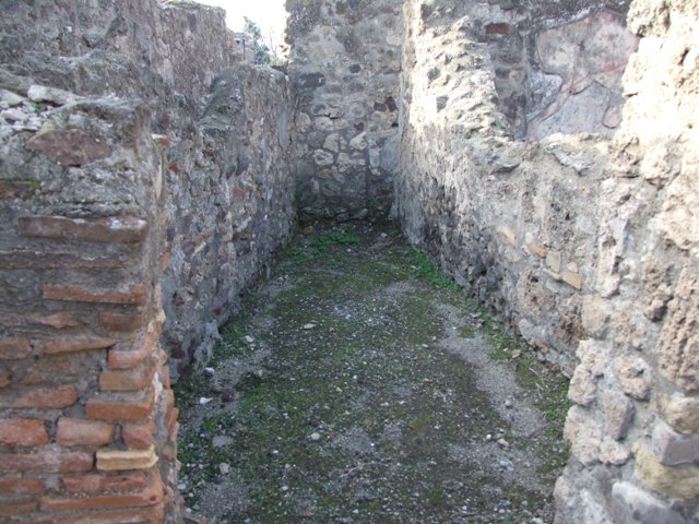 VI.1.10 Pompeii. December 2007. Room 11, east wall with latrine and hearth,and south-east corner of kitchen.  According to Boyce, the print in Piranesi showed the south wall of the kitchen covered with a lararium painting in two zones.  In the upper zone was the figure of the Genius, pouring a libation on an altar, to the right of him stood a small Camillus.
On each side of this central group was an indistinct figure.  Above this zone are two other indistinct figures.  In the lower zone were the two serpents confronted at an altar.  See Boyce G. K., 1937. Corpus of the Lararia of Pompeii. Rome: MAAR 14. (p.43, no.135) 
According to Giacobello, in the south corner of the kitchen a lararium painting was found upon excavation, but in a bad condition.  It is no longer conserved, but drawn by Piranesi.  Nissen referred to the existence of a niche near the hearth, no longer visible by Boyce’s time.
See Giacobello, F., 2008. Larari Pompeiani: Iconografia e culto dei Lari in ambito domestico.  Milano: LED Edizioni. (p.171)
See Fröhlich, T., 1991. Lararien und Fassadenbilder in den Vesuvstädten. Mainz: von Zabern. (L56, picture 37,2)
According to Boyce, Nissen referred to a niche for the Lares in one of the rooms in the neighbourhood of the kitchen.  Nissen, 410
See Boyce G. K., 1937. Corpus of the Lararia of Pompeii. Rome: MAAR 14. (p.43, no.136) 
