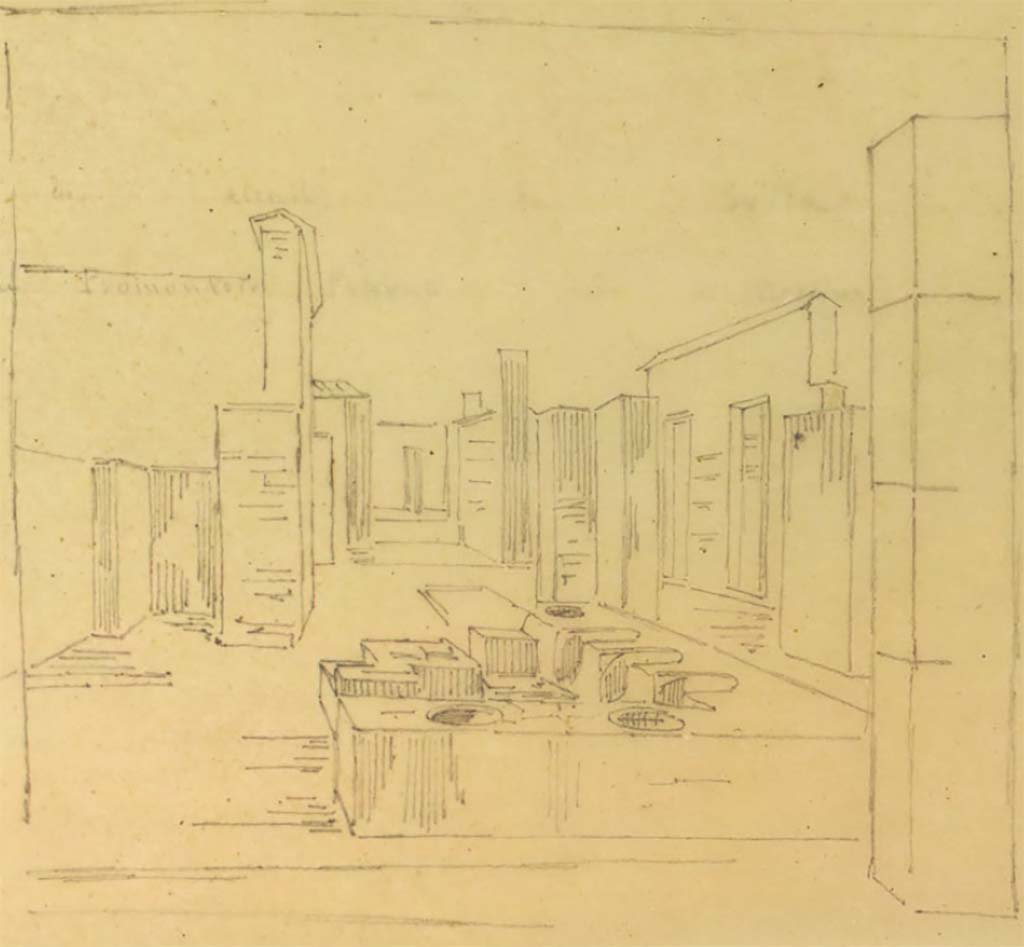 VI.2.5 Pompeii. May 1823 drawing by Chenavard. Looking east towards entrance to bar, and atrium of VI.2.4 at the rear of the bar.
See Chenavard, Antoine-Marie (1787-1883) et al. Voyage d'Italie, croquis Tome 3, pl. 145.
INHA Identifiant numérique : NUM MS 703 (3). See Book on INHA 
Document placé sous « Licence Ouverte / Open Licence » Etalab   

