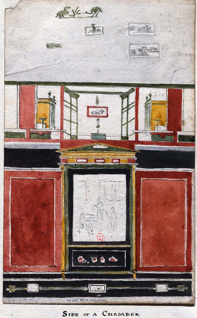 VI.3.7 Pompeii. c.1819. Painting by W. Gell of the south wall of the triclinium/oecus.
Below the central painting in the predella were masks.
See Gell W & Gandy, J.P: Pompeii published 1819 [Dessins publiés dans l'ouvrage de Sir William Gell et John P. Gandy, Pompeiana: the topography, edifices and ornaments of Pompei, 1817-1819], pl. 53.
See book in Bibliothèque de l'Institut National d'Histoire de l'Art [France], collections Jacques Doucet Gell Dessins 1817-1819
Use Etalab Open Licence ou Etalab Licence Ouverte
