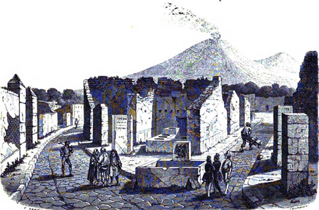 VI.3.20 Pompeii. Painting by Breton c.1855, showing electoral recommendation on the left of the doorway.
On the left is Via Consolare, on the right is Vicolo di Modesto.
See Breton, Ernest. 1855. Pompeia, decrite et dessine: Seconde dition. Paris, Baudry, pl. 1.
