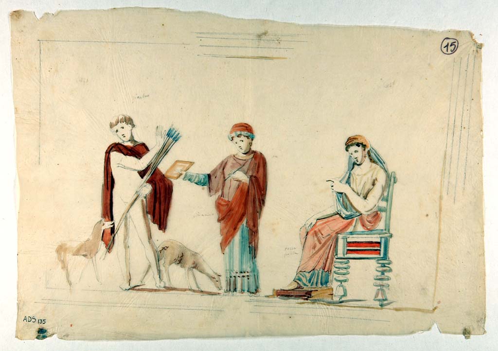 VI.5.1 and VI.5.2 Pompeii. Painting made by Giuseppe Marsigli, in pencil/crayon/chalk with watercolours, showing Phaedra, Hippolytus and the nurse. 
Now in Naples Archaeological Museum. Inventory number ADS 135.
Photo  ICCD. http://www.catalogo.beniculturali.it
Utilizzabili alle condizioni della licenza Attribuzione - Non commerciale - Condividi allo stesso modo 2.5 Italia (CC BY-NC-SA 2.5 IT)
This painting was also listed as destroyed by Helbig, See Helbig 1246, but is now in the British Museum.
See Carratelli, G. P., 2003. Pompei: La documentazione nell'Opera di disegnatori e pittori dei secoli XVIII e XIX. Roma: Istituto della enciclopedia italiana, p. 227-8 no. 124.
The British Museum web site describes a painting which corresponds in its description but is without a photo as yet. BM Registration number 1857,0415.4.
Sir William Temple, British minister in Naples, bequeathed a major collection to the Museum in 1856 of which it was a part.
