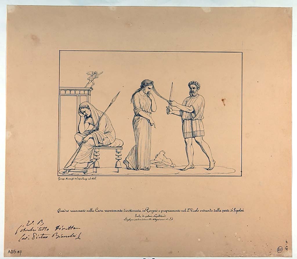 VI.5.1 and VI.5.2 Pompeii. Pen and ink drawing by Giuseppe Marsigli, 1835, of the painting showing sacrifice of Iphigenia. 
Now in Naples Archaeological Museum. Inventory number ADS 137.
Photo  ICCD. http://www.catalogo.beniculturali.it
Utilizzabili alle condizioni della licenza Attribuzione - Non commerciale - Condividi allo stesso modo 2.5 Italia (CC BY-NC-SA 2.5 IT)
Helbig describes the painting as:
In the middle stands Iphigenia, laurel-wreathed, in green chiton with a purple margin, with her left hand raised to the mouth, it seems resigned in her fate, in front of her the bearded, laurel wreathed Calchas in red chiton with blue lining, in act of starting the sacrifice, cutting off a lock of the maidens hair with the sword.
Behind Iphigenia sits Agamemnon on a chair, bent forward, sunk in deep sorrow, beardless, wrapped in a cloak drawn over the back of the head, in the left hand a spear, supporting the head with the right hand. Next to him is a temple-like building, on which stands a winged statue with flying chlamys.
See Helbig, W., 1868. Wandgemlde der vom Vesuv verschtteten Stdte Campaniens. Leipzig: Breitkopf und Hrtel, 1305.
