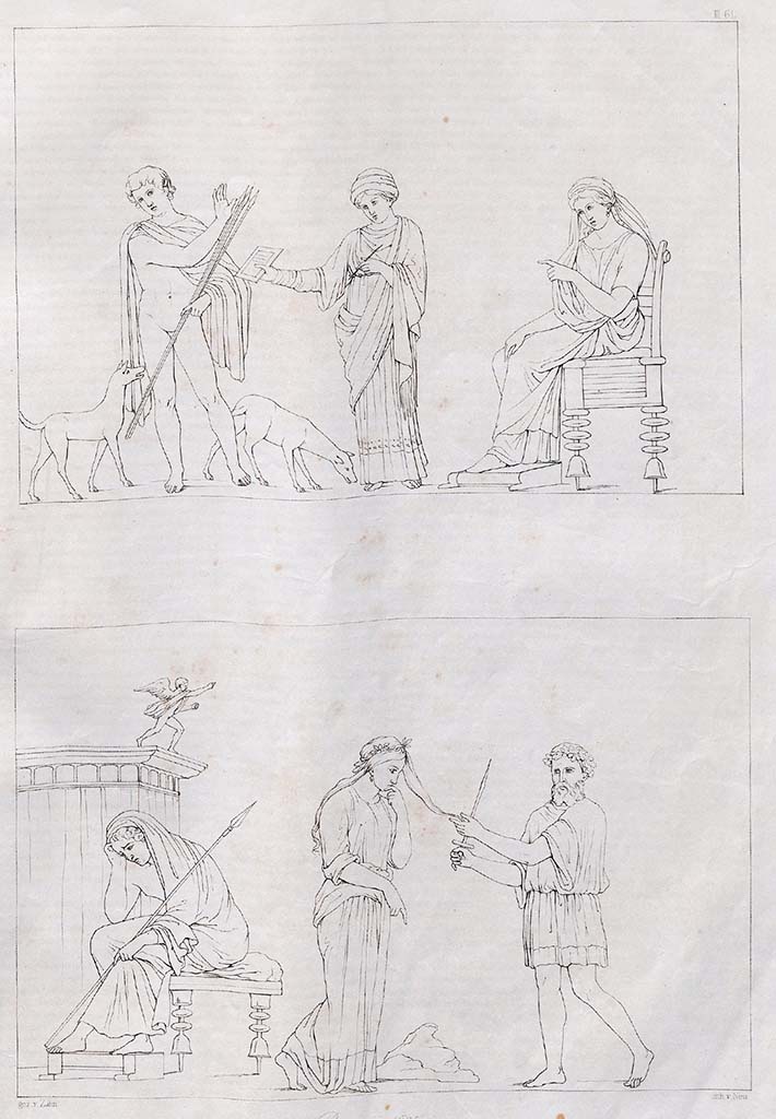 VI.5.1 and VI.5.2 Pompeii. 
Two drawings by Zahn, July 1835, of the paintings showing Phaedra, Hippolytus and the nurse and the sacrifice of Iphigenia. 
Three paintings (two above and one below) were discovered in a room of a small house very close to the city wall, in the vicolo which was to the left of the House of Pansa, between the House of Sallust and the House of Modesto which leads to this city wall. According to Zahn they were in the Royal Museum at Naples.
See Zahn, W., 1842. Die schnsten Ornamente und merkwrdigsten Gemlde aus Pompeji, Herkulanum und Stabiae: II. Berlin: Reimer, Taf. 61.
Helbig refers to Zahns drawing in his description of the Iphigenia painting (Helbig 1305).
Now in Naples Archaeological Museum.
