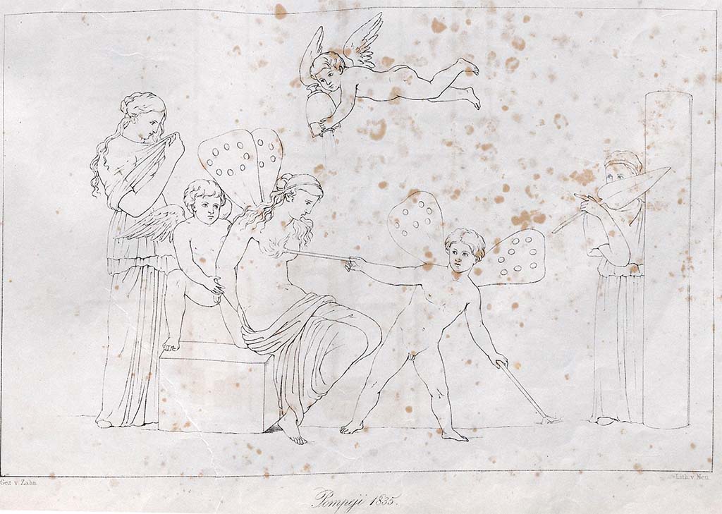 VI.5.1 and VI.5.2 Pompeii. July 1835. Drawing by Zahn of the torment of Psyche.
According to Zahn, all three of these paintings were found on the walls of the same room, with a black background.
See Zahn, W., 1842-44. Die schnsten Ornamente und merkwrdigsten Gemlde aus Pompeji, Herkulanum und Stabiae: II. Berlin: Reimer, taf. 62.
