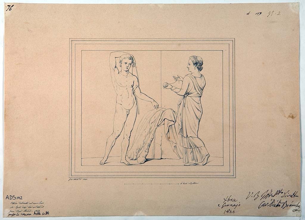 VI.5.3 Pompeii. Room 20. Drawing by Giuseppe Abbate, 1844, of painting of Arianna giving the thread to Theseus, painting now faded and more or less disappeared.
Now in Naples Archaeological Museum. Inventory number ADS 142.
Photo © ICCD. http://www.catalogo.beniculturali.it
Utilizzabili alle condizioni della licenza Attribuzione - Non commerciale - Condividi allo stesso modo 2.5 Italia (CC BY-NC-SA 2.5 IT)
