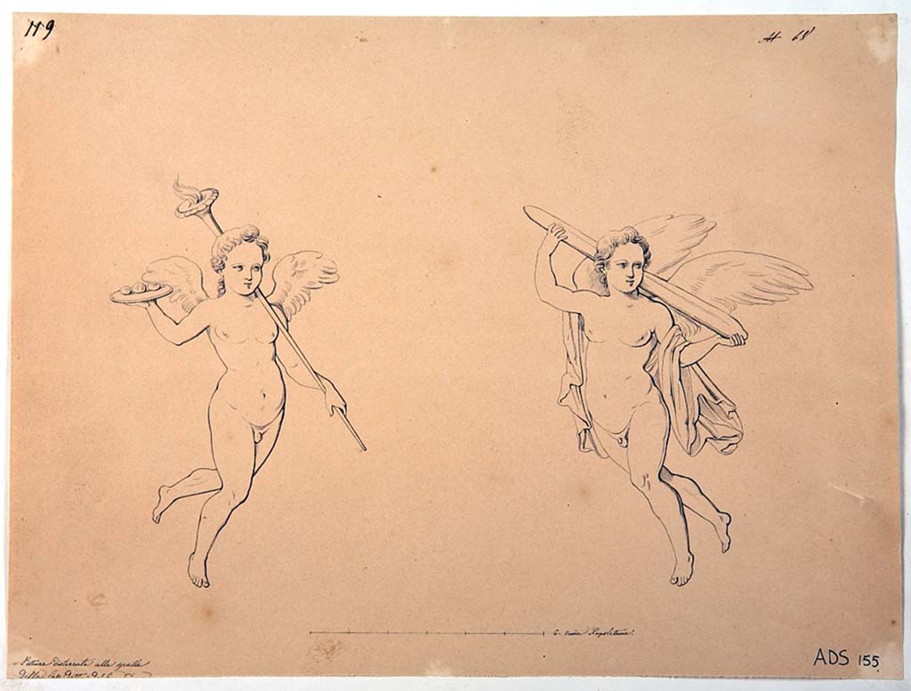 VI.5.3 Pompeii. Drawing by Giuseppe Abbate, of two vignettes of cupids, now disappeared. 
According to the description by Avellino (BAN 1844), it is probable that these two vignettes come (respectively) from Rooms 20 and 1
Now in Naples Archaeological Museum. Inventory number ADS 155.
Photo © ICCD. http://www.catalogo.beniculturali.it
Utilizzabili alle condizioni della licenza Attribuzione - Non commerciale - Condividi allo stesso modo 2.5 Italia (CC BY-NC-SA 2.5 IT)
