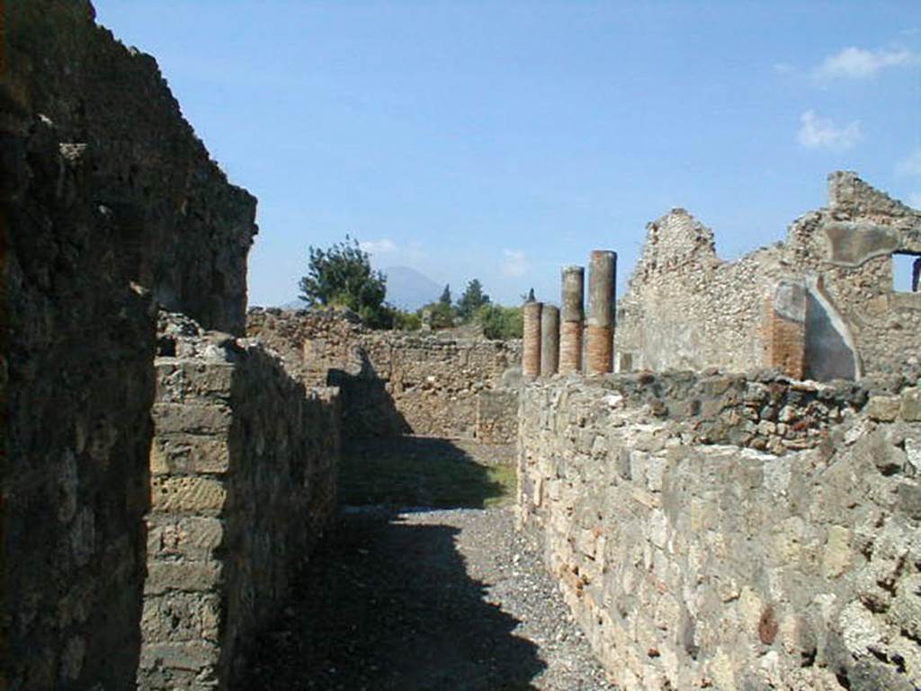 VI.5.14 Pompeii. September 2004. Looking north along entrance corridor to three-sided peristyle.