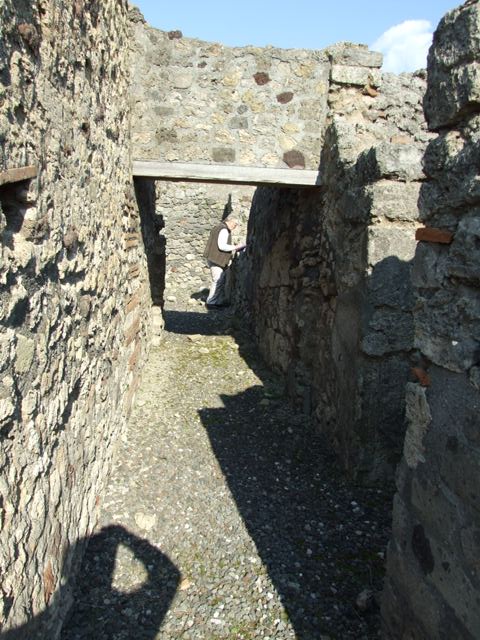 VI.7.3 Pompeii. March 2009. Room 5, tablinum. Detail in recess on west side of cupboard.



