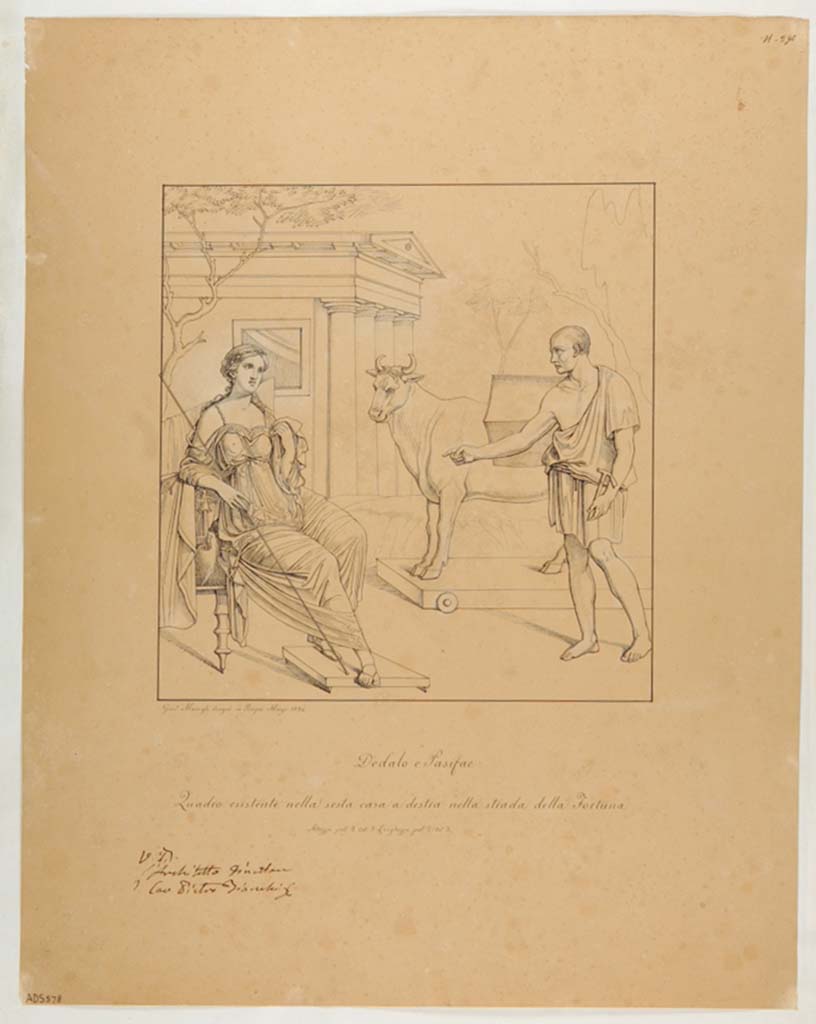 VI.7.9 Pompeii. 1834 drawing by G. Marsigli of a painting [from VII.4.48], identical to one found on the entrance pillar, of Daedalus showing Pasiphae the wooden cow. 
Now in Naples Archaeological Museum. Inventory number ADS 578.
Photo © ICCD. https://www.catalogo.beniculturali.it/
Utilizzabili alle condizioni della licenza Attribuzione - Non commerciale - Condividi allo stesso modo 2.5 Italia (CC BY-NC-SA 2.5 IT)
See Helbig, W., 1868. Wandgemälde der vom Vesuv verschütteten Städte Campaniens. Leipzig: Breitkopf und Härtel. (1207).
See Real Museo Borbonico XIV, Ta. 1.
