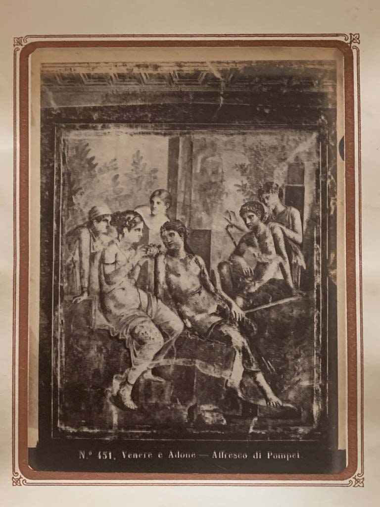 VI.8.3 Pompeii. From an album by Roberto Rive dated 1868. 
Room 12, detail of painting of Venus giving some Cupids to Adonis, from centre of north wall.
Photo courtesy of Rick Bauer. 
