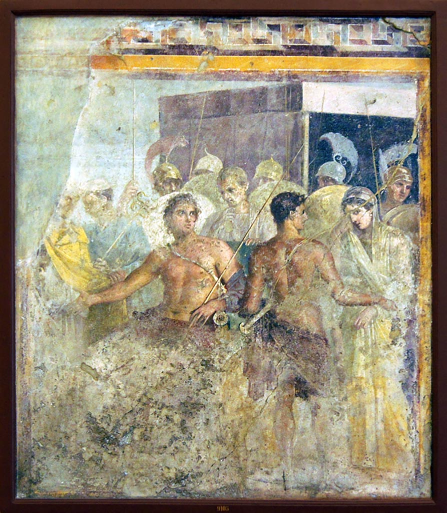 VI.8.5 Pompeii. Found on wall on south-east side of south wall. 
Wall painting of the Wedding of Zeus and Hera. 
One of the six panels more than 4-foot-high, that used to adorn the walls of the atrium.
Now in Naples Archaeological Museum. Inventory number 9559.
See Mau, A., 1907, translated by Kelsey F. W. Pompeii: Its Life and Art. New York: Macmillan. (p.316 & 484).
