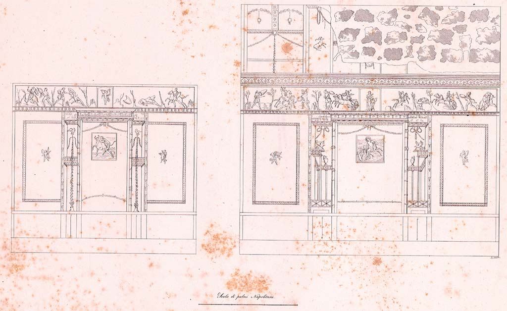 VI.8.5 Pompeii. c.1828. Room 9, drawing by Zahn of south wall, on left, and west wall, on right.
See Zahn W. Neu entdeckte Wandgemälde in Pompeji gezeichnet von W. Zahn [ca. 1828], taf. 9. 

