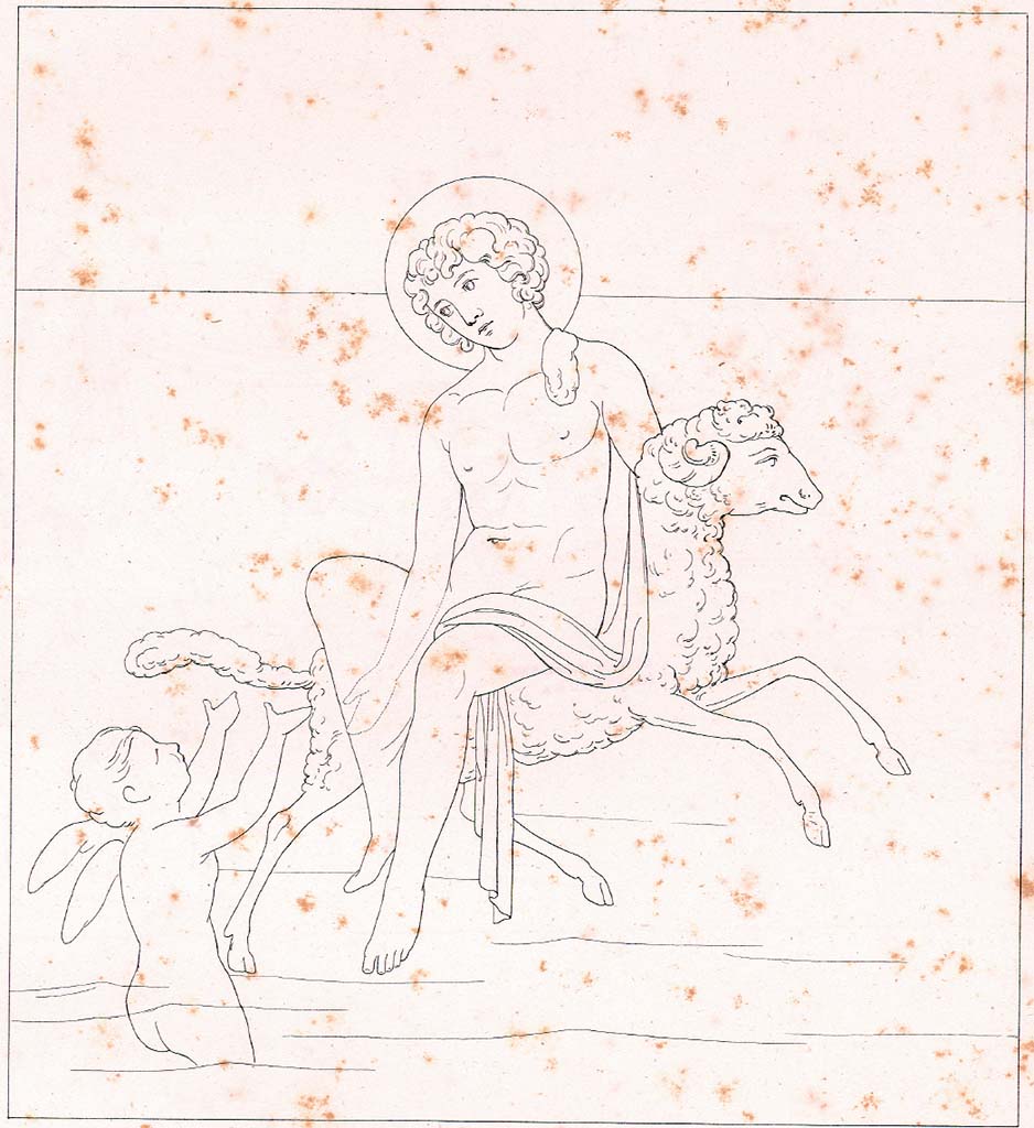 VI.8.5 Pompeii. c.1828. Room 9, drawing by Zahn of Phryxus and Helle, the central painting on west wall. 
See Zahn W. Neu entdeckte Wandgemälde in Pompeji gezeichnet von W. Zahn [ca. 1828], taf. 11.
