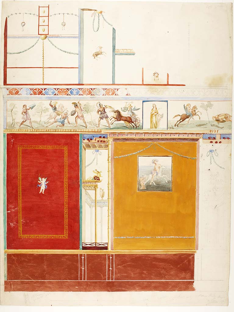 VI.8.5 Pompeii. Room 9, 1841 painting by Carl Løffler of west wall of cubiculum.
Photo courtesy Thorvaldsens Museum Copenhagen, inventory number D1816. Use Public Domain CC0.
