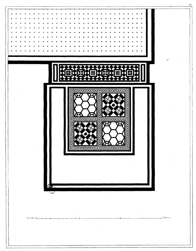 VI.8.5 Pompeii. c.1828. Room 4, drawing of mosaic on ala floor.
See Raoul Rochette et Bouchet J., 1828. Choix d'Edifices Inédits : Maison du Poète Tragique. Paris, pl 18. (Ala, marked as 6 on their plan)

