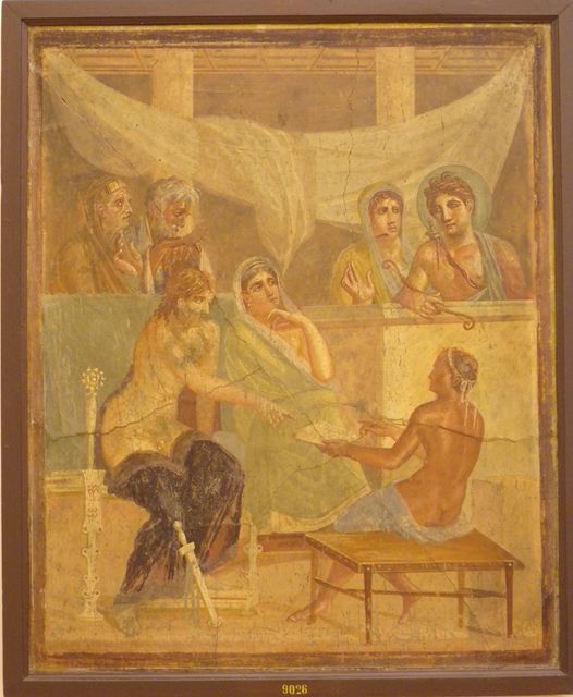 VI.8.5 Pompeii.  Found 22nd January 1825.  Tablinum. Wall painting of Alcestis and Admetus. Now in Naples Archaeological Museum.  Inventory number 9026. Helbig attributes this picture to the casa del Poeta and describes the picture.  Admetus has a dark robe over his knees with his sword resting on his leg, and he is pointing with his right hand.  Alcestis is dressed in a yellow chiton with bright green mantel.  Behind green drapery are the parents of Admetus.  Apollo, with his bow and quiver sits behind a wall or trellis with a nympheutria or muse.  See Helbig, W., 1868. Wandgemälde der vom Vesuv verschütteten Städte Campaniens. Leipzig: Breitkopf und Härtel. (1158, p.240-1).