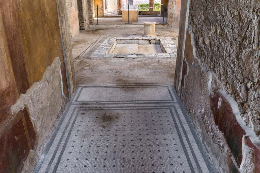 VI.8.3/5 Pompeii. April 2022. 
Looking north along entrance corridor across atrium towards peristyle with lararium. Photo courtesy of Johannes Eber.
