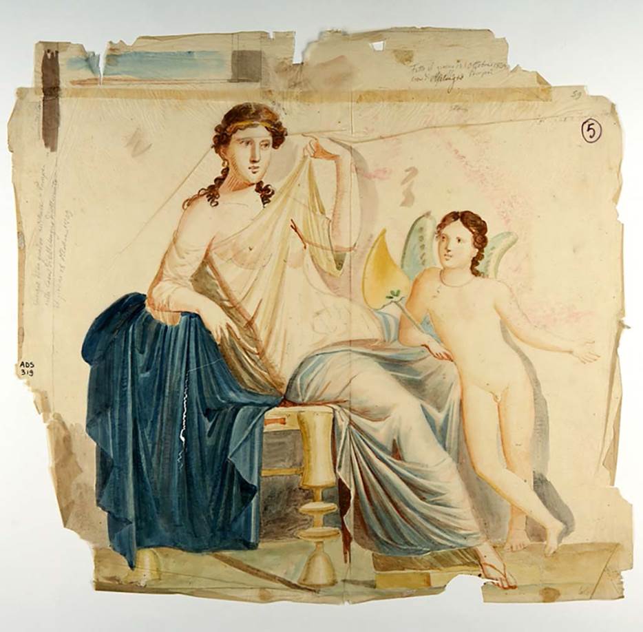 VI.9.2 Pompeii. Painting by Giuseppe Marsigli dated 18th October 1829, of female figure and cupid. (Helbig 1429)
According to Overbeck this painting was on the north wall, according to Warscher from the east wall of room 28.
Now in Naples Archaeological Museum. Inventory number ADS 319.
Photo  ICCD. http://www.catalogo.beniculturali.it
Utilizzabili alle condizioni della licenza Attribuzione - Non commerciale - Condividi allo stesso modo 2.5 Italia (CC BY-NC-SA 2.5 IT)
