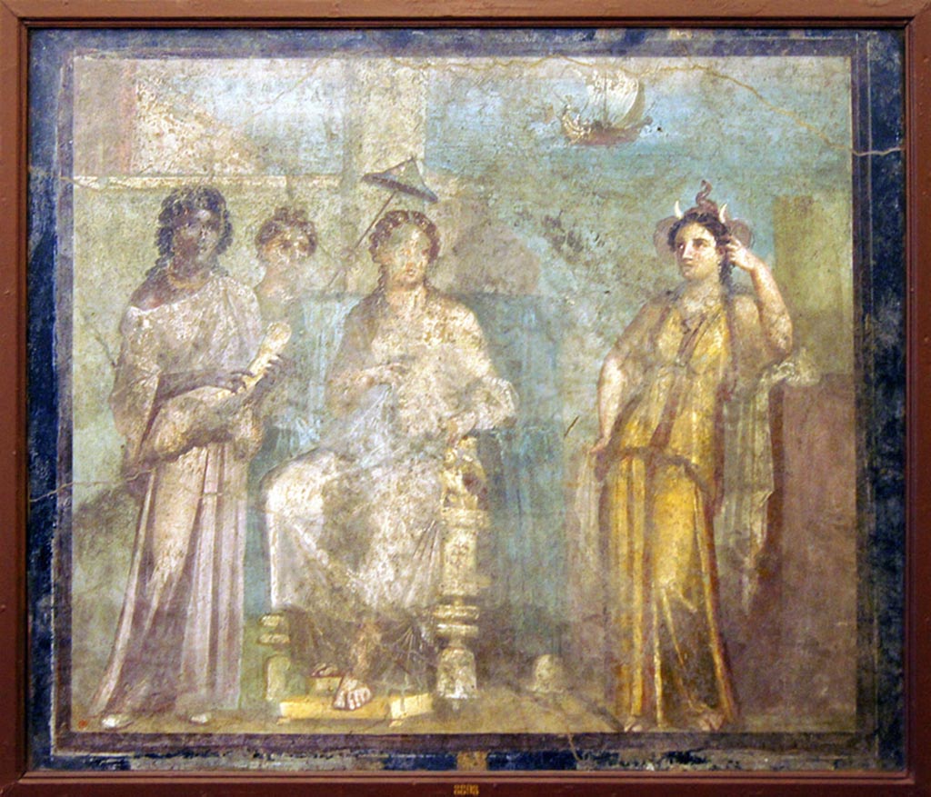 VI.9.2 Pompeii. Found 12th October 1829 in room 2, atrium. Wall painting of the abandoned Dido seated on a throne surrounded by maids. 
Africa is recognisable by the elephant trunk and tusks. The ships of Aeneas are sailing away in the distance.
Now in Naples Archaeological Museum. Inventory number 8898.
Photo courtesy of Giuseppe Ciaramella taken December 2019.
