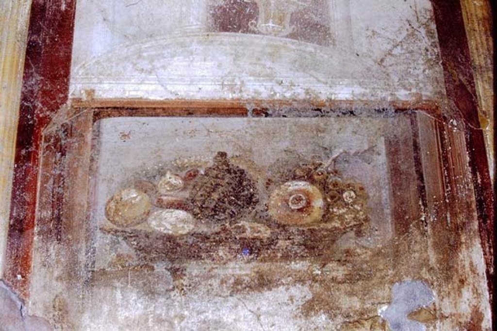 VI.9.6 Pompeii. 1966. Room 6, painting of basket of fruit, from west wall of peristyle, in north-west corner. Photo by Stanley A. Jashemski.  
Source: The Wilhelmina and Stanley A. Jashemski archive in the University of Maryland Library, Special Collections (See collection page) and made available under the Creative Commons Attribution-Non Commercial License v.4. See Licence and use details.
J66f0892
