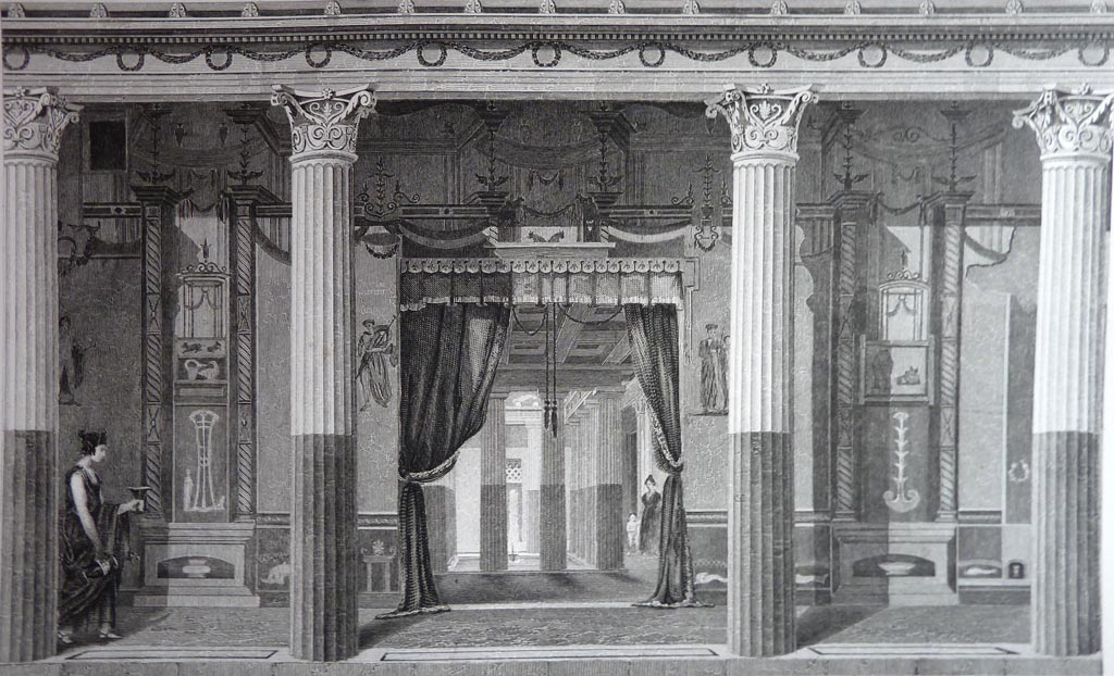 VI.9.6 Pompeii. Pre 1836. Room 6, drawing by Gell showing north wall of peristyle and doorway to atrium.
Gell wrote –
“This Plate exhibits one of the most splendidly decorated walls of the house of the Dioscuri. 
The curtain is added because there is no trace of a door in the opening between the two courts, and the ceiling of the atrium is restored, since there can be no doubt on the subject, for the better comprehending of the original effect. 
The pillars in front are even now covered with a paltry roof, which has been somewhat improved in this Plate in the style of the period when Pompeii was destroyed.”
See Gell, W and Gandy, J., 1880. Pompeii, its destruction and re-discovery. New York: Worthington.
