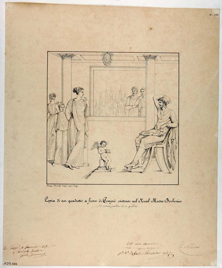 VI.10.2 Pompeii. Drawing by Giuseppe Marsigli, 1829, of painting of Paris and Helen, which was detached from the walls of the oecus by order of the King.
Now in Naples Archaeological Museum. Inventory number ADS 364.
Photo © ICCD. http://www.catalogo.beniculturali.it
Utilizzabili alle condizioni della licenza Attribuzione - Non commerciale - Condividi allo stesso modo 2.5 Italia (CC BY-NC-SA 2.5 IT)
Original now in Naples Archaeological Museum, inventory number 9002.
