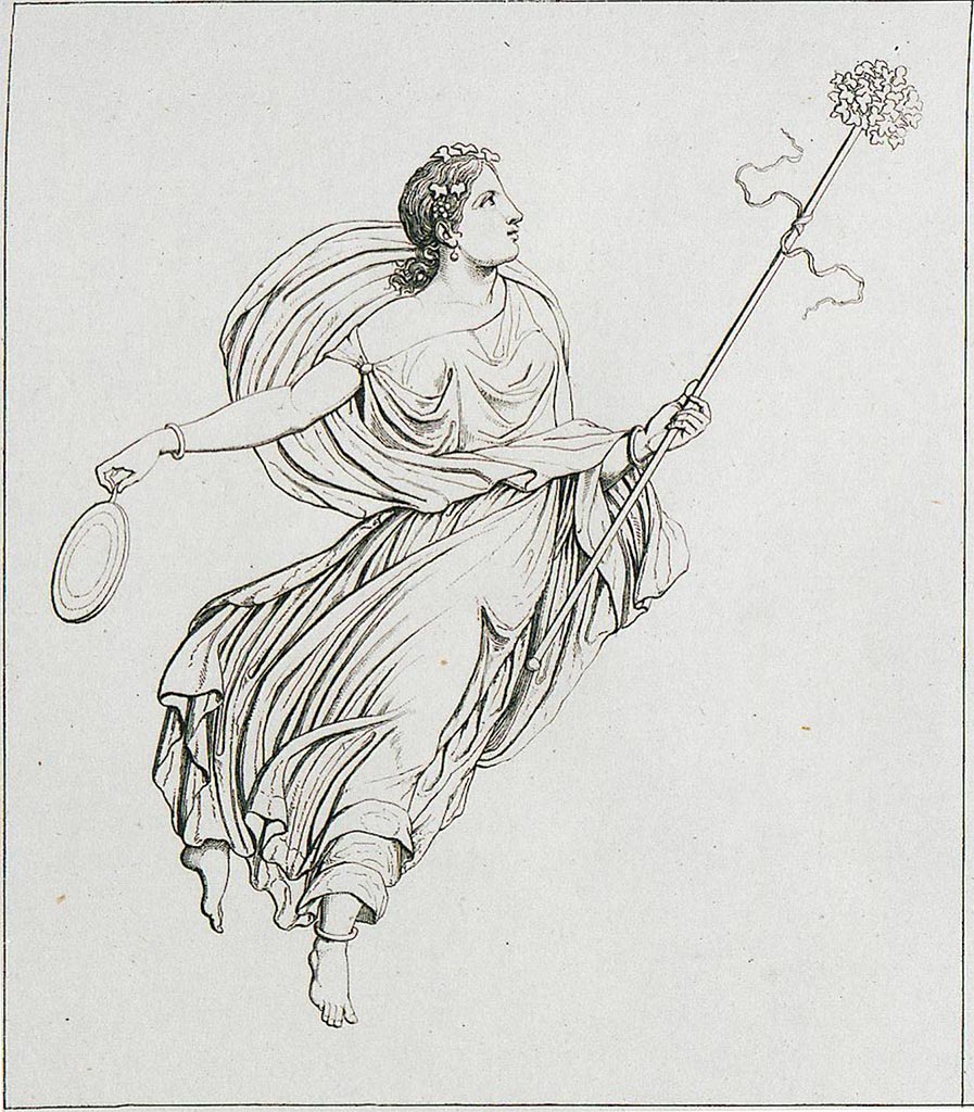 VI.10.11 Pompeii. 1835. Room 15, drawing of painting of Maenad in flight from east end of south wall of triclinium.  
See Real Museo Borbonico 1835, Volume 11, Tav. IV.
