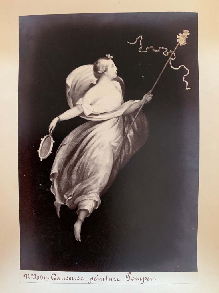 VI.10.11 Pompeii. Flying maenad. 
Photograph by M. Amodio, no. 3060, Danseuse, from an album dated April 1878. Photo courtesy of Rick Bauer.  
According to Curtius – she was from a black painted wall.  
See Curtius, L., 1972. Die Wandmalerei Pompejis. New York: Hildesheim. (p.410, photo no.224).

