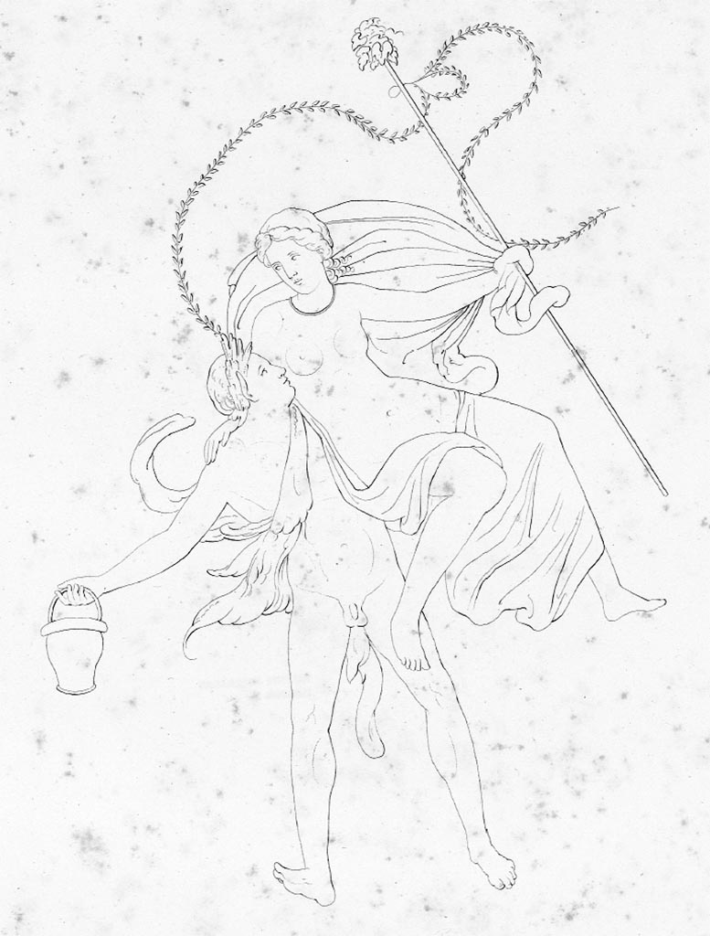 VI.10.11 Pompeii. Do we have a date.
Room 16, drawing by Zahn from oecus/triclinium. Floating Bacchic group from oecus/triclinium. 
See Zahn W. Neu entdeckte Wandgemälde in Pompeji gezeichnet von W. Zahn [ca. 1828], taf. XXXVI.
