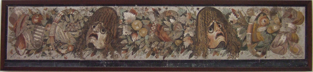 VI.12.2 Pompeii. 1957. Detail from mosaic of two tragic masks, with fruits, flowers and garlands.  Photo by Stanley A. Jashemski.
Source: The Wilhelmina and Stanley A. Jashemski archive in the University of Maryland Library, Special Collections (See collection page) and made available under the Creative Commons Attribution-Non Commercial License v.4. See Licence and use details.
J57f0530
