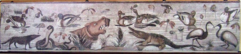 VI.12.2 Pompeii. Mosaic of hippopotamus, crocodile, Ibis and other creatures of the Nile. 
This threshold was found at the open front of the broad exedra (37) between the columns in front of the Alexander mosaic, on 24th October 1831. 
See Mau, A., 1907, translated by Kelsey F. W. Pompeii: Its Life and Art. New York: Macmillan. (p. 293).
Now in Naples Archaeological Museum. Inventory number 9990.
See PAH II, 250.
See Real Museo Borbonico VIII Ta XLV (1832).
