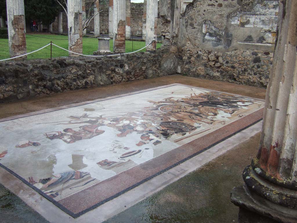 VI.12.2 Pompeii. December 2005. Looking north-east across exedra floor, showing recreated Alexander mosaic.