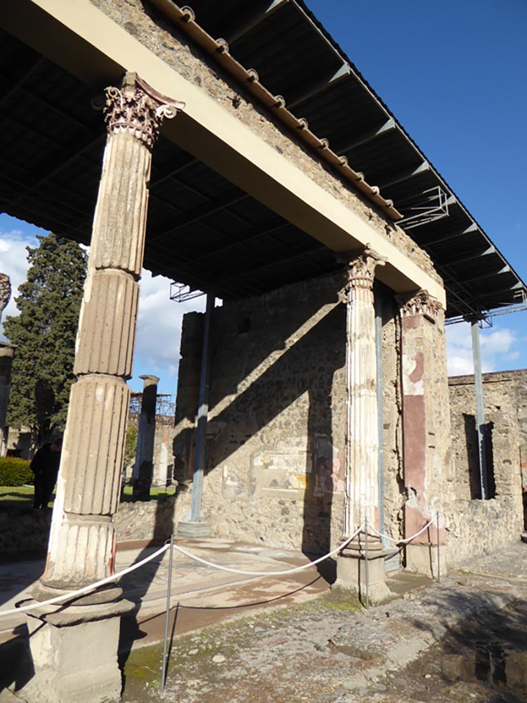 VI.12.2 Pompeii. December 2018. 
Looking north across recreated Alexander mosaic in exedra towards rear peristyle. Photo courtesy of Aude Durand.
