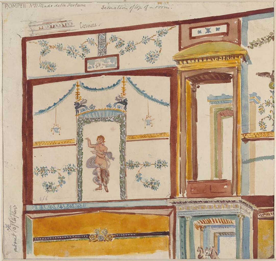 VI.12.6 Pompeii. c. March 1879. Painting by Sydney Vacher, detail from upper wall, described as from Strada della Fortuna 51. 
Photo © Victoria and Albert Museum, inventory number E.4383-1910. 
 
