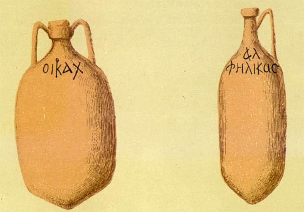 VI.13.17 Pompeii. 1874 painting by Discanno of two amphorae with their ancient labels.
The house belonged to a wine-merchant, who lived on the other side of the insula at VI.13.16, and had a bar on this side of the insula. 
Many wine amphorae were found in the garden area e, which were interesting because of their Greek inscriptions. 
Presuhn reproduced a drawing by Discanno of two of the amphorae with their ancient writing.
He suggests the names designate the owners of the different crs of wine, as well as nowadays they say: Marsala Florio, or Champagne Mot.
See Presuhn, E. Pompei les dernires fouilles de 1874-75. Section VI, page 5, plate III.

