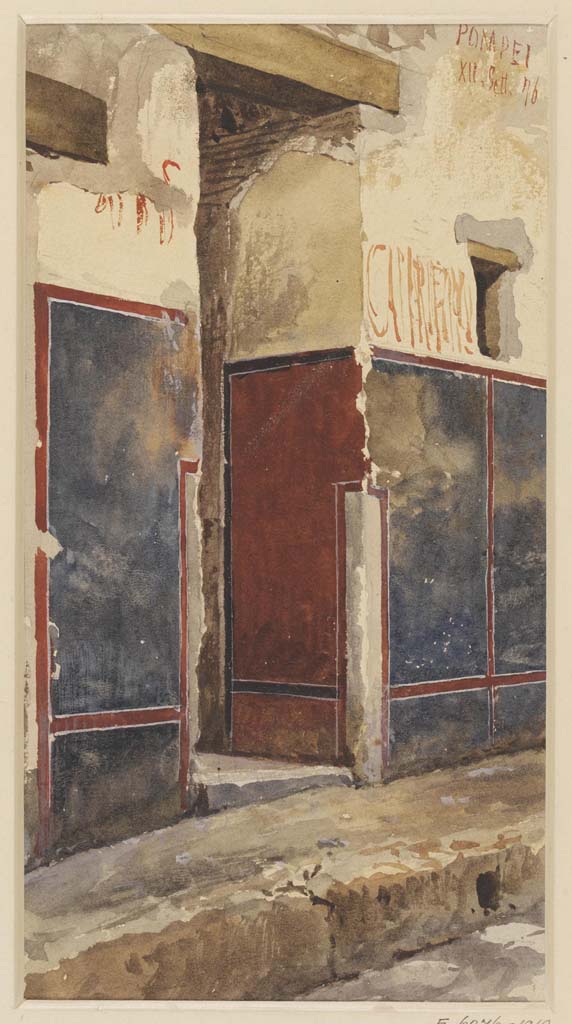 VI.14.22 Pompeii. 1876. Watercolour by Luigi Bazzani.
Looking towards the entrance doorway to the Fullonica or House of the Dyers, in the Via del Vesuvio, at Pompeii.
Photo © Victoria and Albert Museum. Inventory number 2055-1900.

