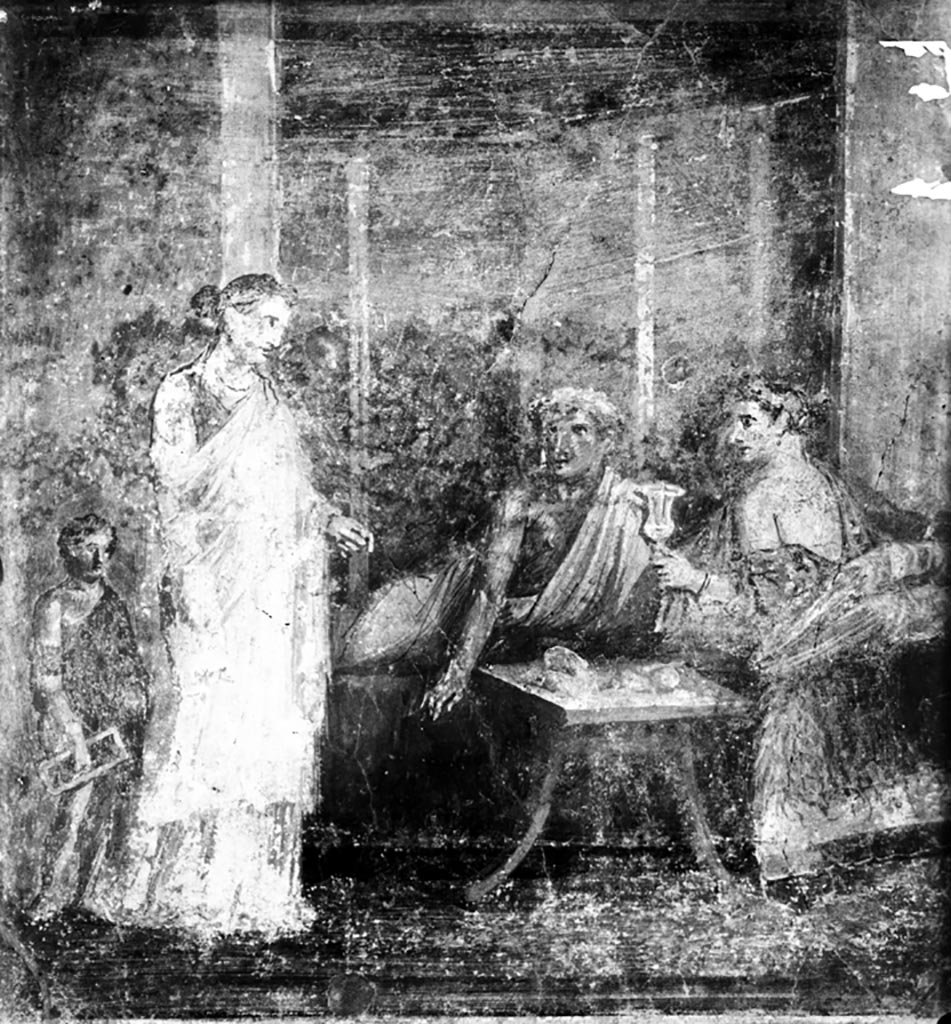 VI.14.29 Pompeii. W.78. Undated photograph of the banqueting scene. 
Now in Naples Archaeological Museum. Inventory number 111209.
Photo by Tatiana Warscher. Photo © Deutsches Archäologisches Institut, Abteilung Rom, Arkiv. 
