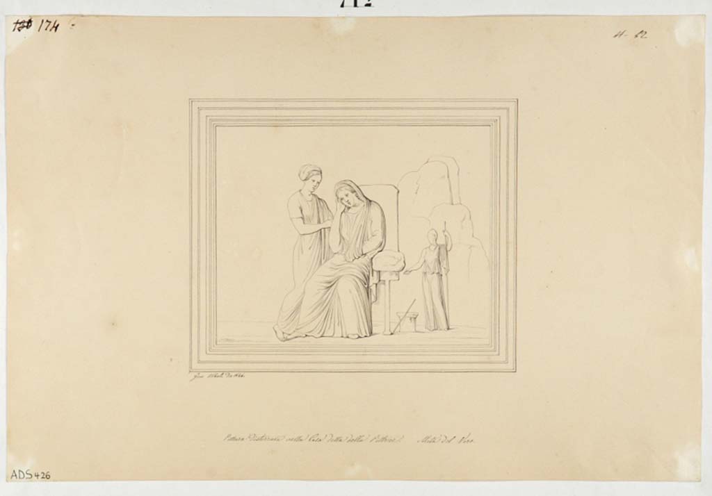 VI.14.42 Pompeii. Drawing by Giuseppe Abbate, 1846, of painting found on east wall in cubiculum on south side of tablinum.
Now in Naples Archaeological Museum. Inventory number ADS 426.
Photo  ICCD. http://www.catalogo.beniculturali.it
Utilizzabili alle condizioni della licenza Attribuzione - Non commerciale - Condividi allo stesso modo 2.5 Italia (CC BY-NC-SA 2.5 IT)

