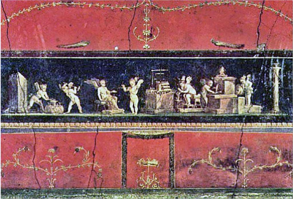 VI.15.1 Pompeii. October 2001 East wall with painting of cupid goldsmiths. Photo courtesy of Peter Woods.