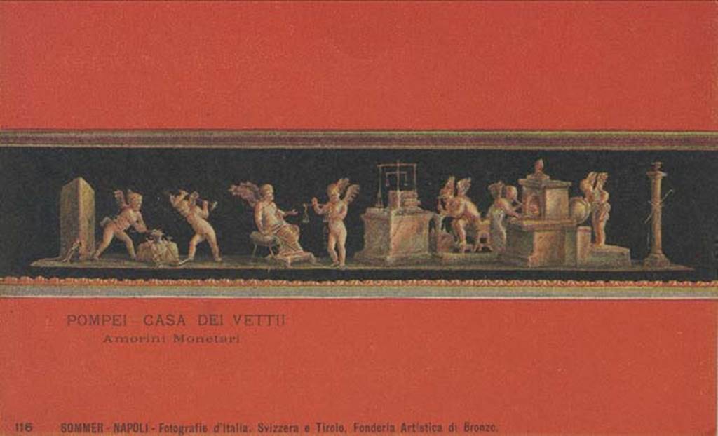 VI.15.1 Pompeii. Early 20th century postcard by G. Sommer, no.116, showing painting of cupids from the east wall. Photo courtesy of Rick Bauer.
