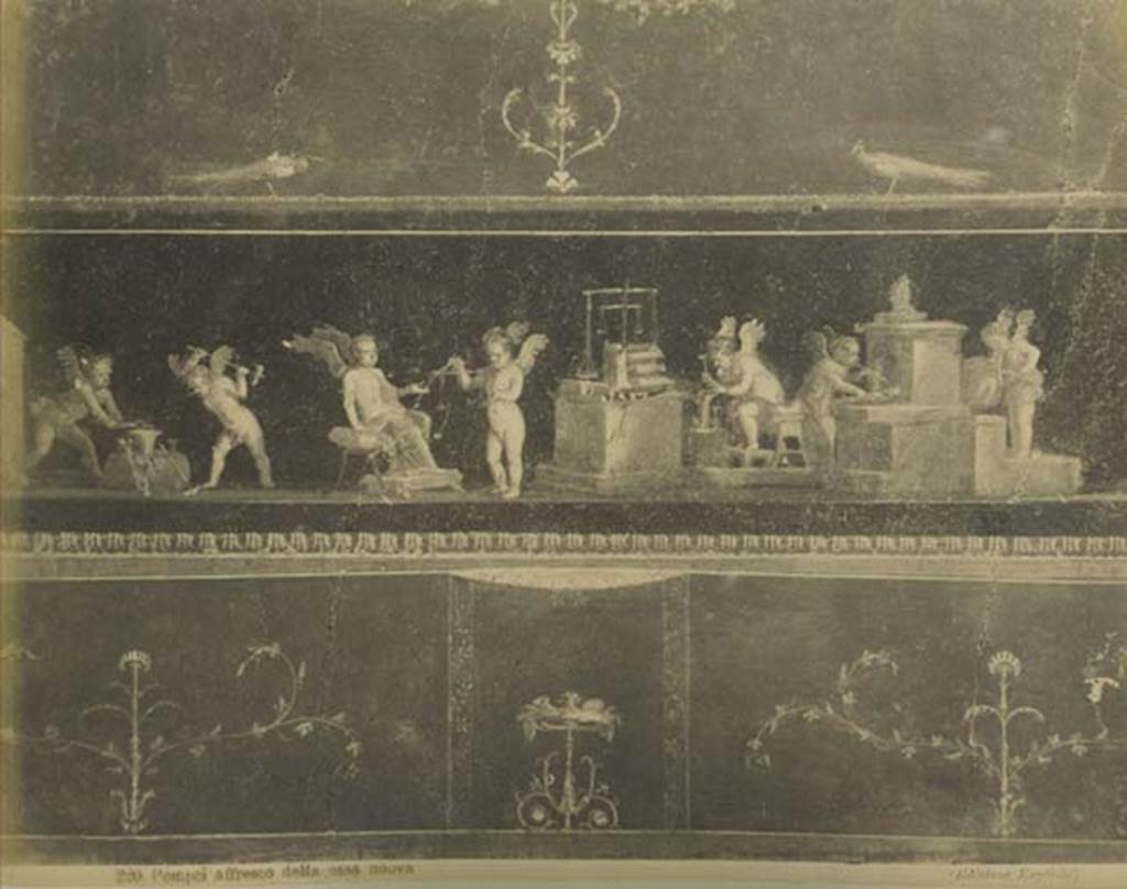 VI.15.1 Pompeii. Mid 1890’s photograph by Esposito no. 220. Detail of goldsmith cupids from the east wall. Photo courtesy of Rick Bauer.
