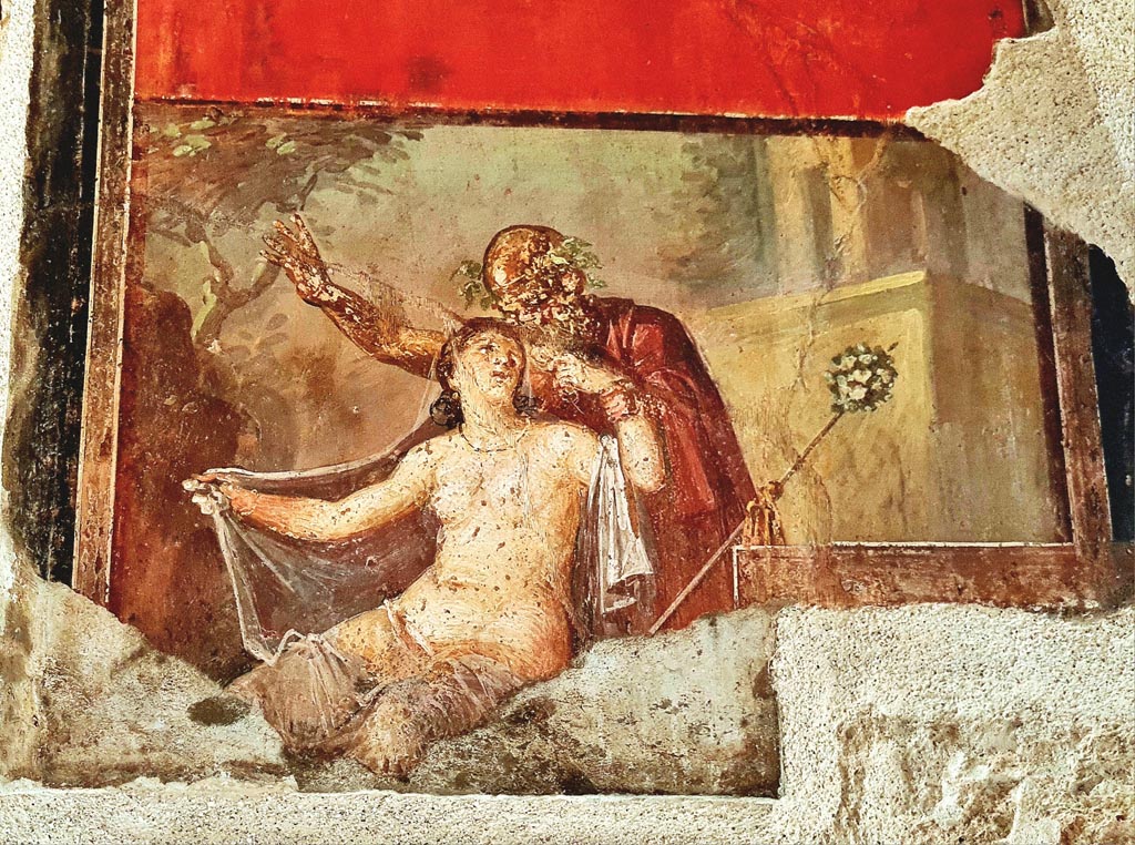 VI.15.1 House of the Vettii.  R  oom of the Cupids or Cherubs.   Wall painting.  Above wall painting of three Psychai gathering flowers. Below is a female figure or priestess holding implements of sacrifice.