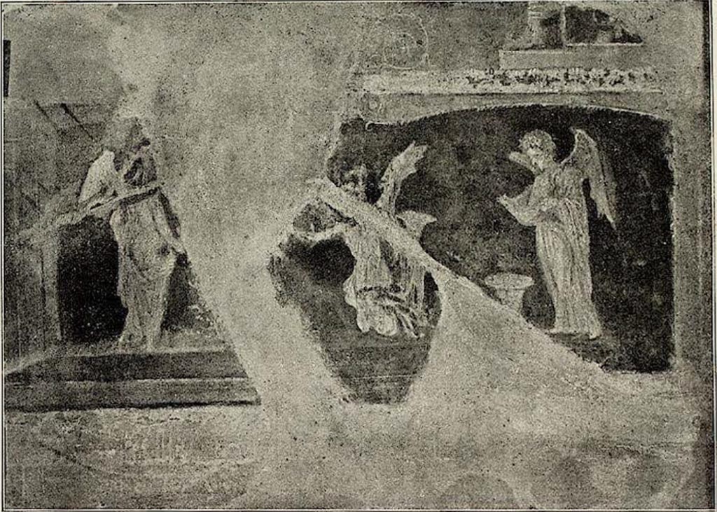 VI.15.1 Pompeii. January 2023. West wall with painting of cupids buying and selling wine. Photo courtesy of Miriam Colomer.