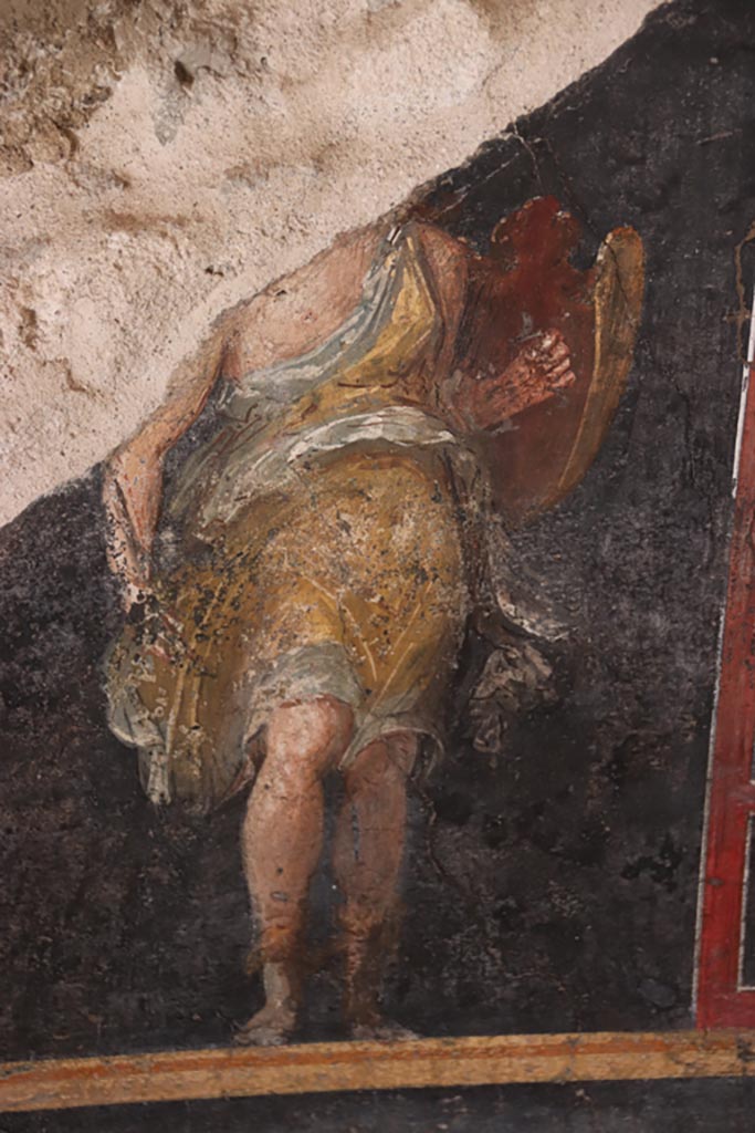 VI.15.1 Pompeii. October 2023. 
Painted panel in zoccolo of Amazon with shield. Photo courtesy of Klaus Heese.
