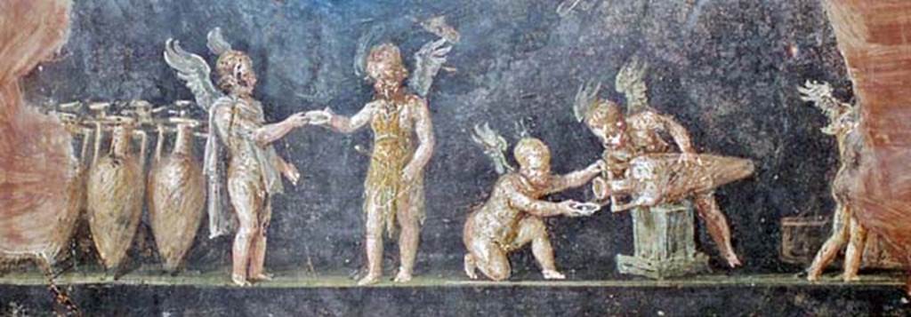 VI.15.1 Pompeii. October 2001. Detail from panel on west wall of painting of cupids buying and selling wine. Photo courtesy of Peter Woods.

