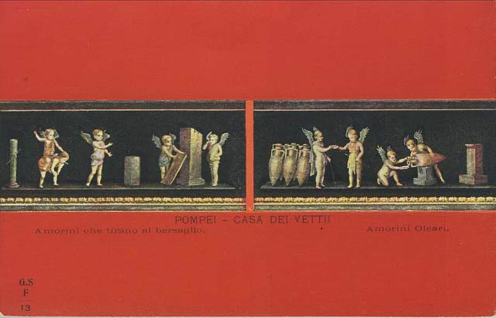 VI.15.1 Pompeii. Early 20th century postcard by G. Sommer, no.13. On the right is the painting from the west wall with painting of cupids buying and selling wine. The painting on the left shows the cupids at target practice, this painting is from the south wall in south-east corner. Photo courtesy of Rick Bauer.
