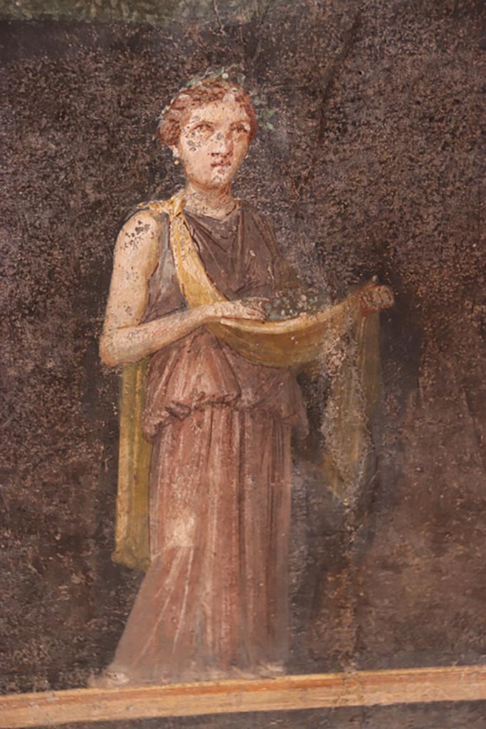 VI.15.1 Pompeii. October 2023.
Zoccolo at north end of west wall with detail of painting of female figure or priestess holding flowers in a fold in her robe.
Photo courtesy of Klaus Heese.
