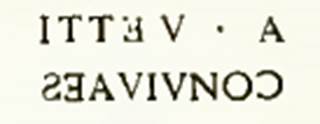 VI.15.1 Pompeii.  Raised letters of second of the seals, of A. Vettius Conviva, was found near strongbox.  It was surmounted by a signet ring, in the bezel of which a caduceus (a staff) was engraved. See Notizie degli Scavi, 1895, (p.32)
Now in Naples Archaeological Museum. Inventory number 124787.
