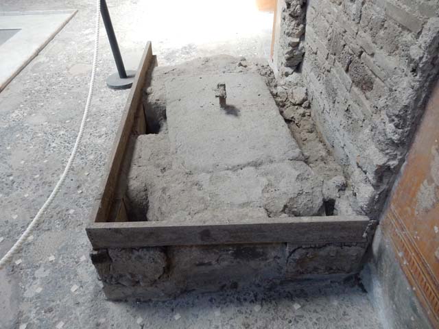 VI.15.1 Pompeii. May 2017. Looking west across position of strong box on north side of atrium. Photo courtesy of Buzz Ferebee.
