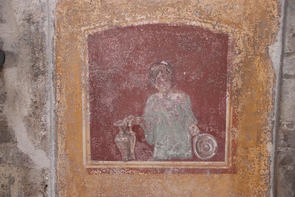 VI.15.1 Pompeii. January 2017. 
East wall of atrium, detail of painted decoration between doorways to bedroom on left of main entrance and oecus on south side.
Foto Annette Haug, ERC Grant 681269 DÉCOR.
